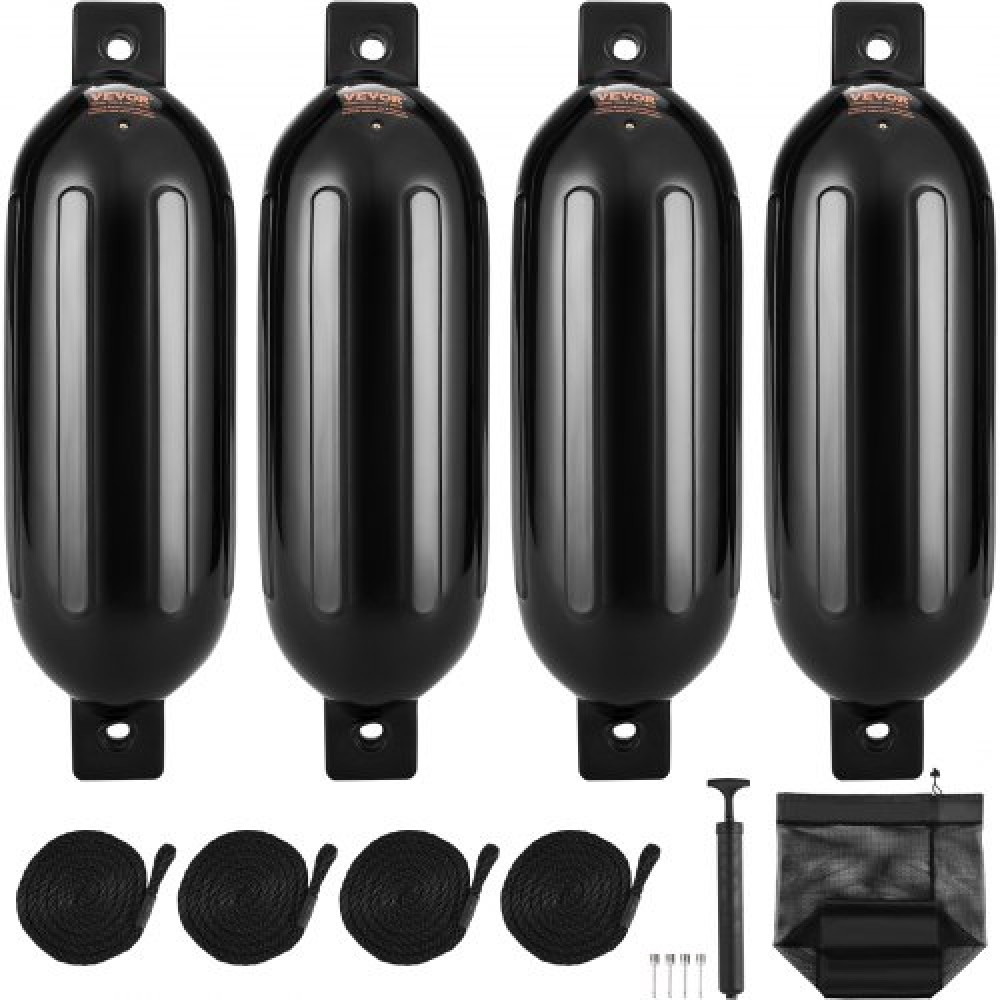 VEVOR Boat Fenders, 8,5" x 26" Boat Prampers for Docking, Φουσκωτό ραβδωτό φτερό με κεντρικές τρύπες, Marine Boat Dock Fender Fender με αντλία αέρα, 4 βελόνες και 4 σχοινιά και τσάντα αποθήκευσης, μαύρο