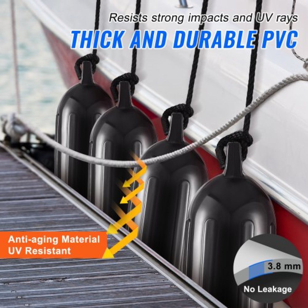 VEVOR Boat Fenders, 8,5" x 26" Boat Prampers for Docking, Φουσκωτό ραβδωτό φτερό με κεντρικές τρύπες, Marine Boat Dock Fender Fender με αντλία αέρα, 4 βελόνες και 4 σχοινιά και τσάντα αποθήκευσης, μαύρο