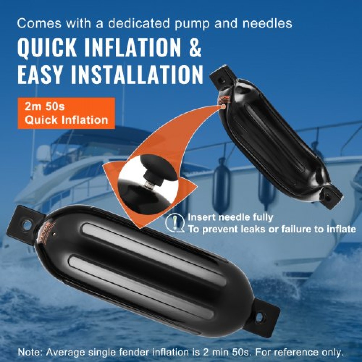 VEVOR Boat Fenders, 8,5" x 26" Boat Prampers for Docking, Φουσκωτό ραβδωτό φτερό με κεντρικές τρύπες, Marine Boat Dock Fender Fender με αντλία αέρα, 4 βελόνες και 4 σχοινιά και τσάντα αποθήκευσης, μαύρο