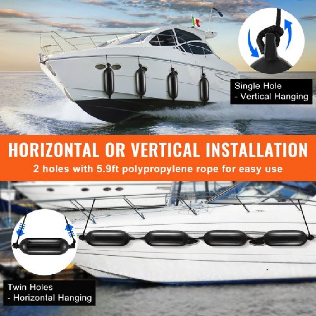 VEVOR Boat Fenders, 8,5" x 26" Boat Prampers for Docking, Φουσκωτό ραβδωτό φτερό με κεντρικές τρύπες, Marine Boat Dock Fender Fender με αντλία αέρα, 4 βελόνες και 4 σχοινιά και τσάντα αποθήκευσης, μαύρο