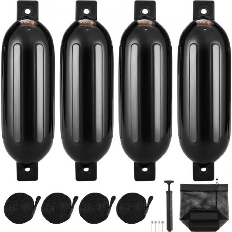 VEVOR Boat Fenders, 8,5" x 26" Boat Prampers for Docking, Φουσκωτό ραβδωτό φτερό με κεντρικές τρύπες, Marine Boat Dock Fender Fender με αντλία αέρα, 4 βελόνες και 4 σχοινιά και τσάντα αποθήκευσης, μαύρο