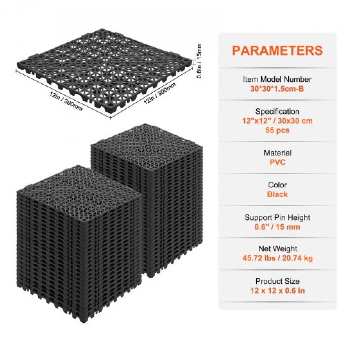 VEVOR Modular Interlocking Cushion, 55 Pack 30 x 30 cm Splicing Drinage Mats, Soft PVC Interlocking Drainage Plakas, Αντιολισθητικές οπές αποστράγγισης για τουαλέτα, μπάνιο, κουζίνα, πισίνα, υγρό, μαύρο