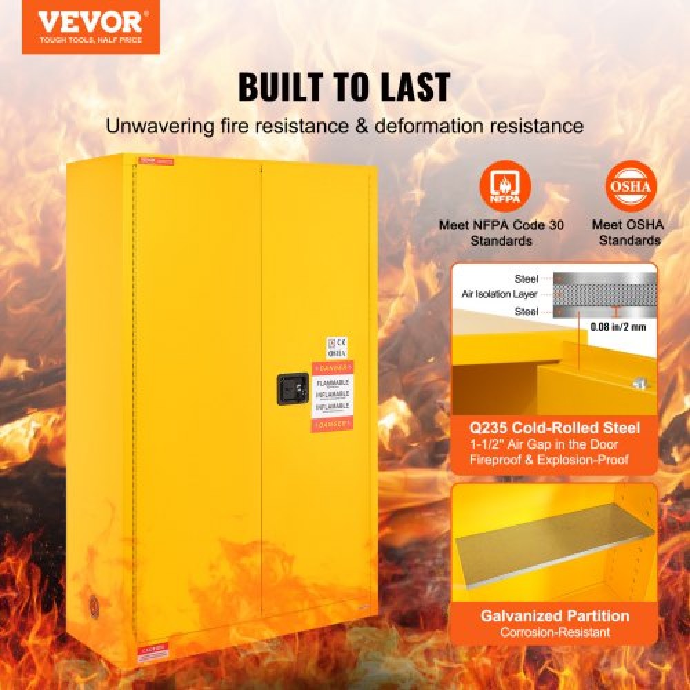VEVOR Flammable Safety Cabinet, 45 Gal, Cold-Rolled Steel Flammable Liquid Storage Cabinet, 42.9 x 18.1 x 65.2 in Explosion Proof with 2 Adjustable Shelves 2 Manual Doors for Industrial Use, Yellow