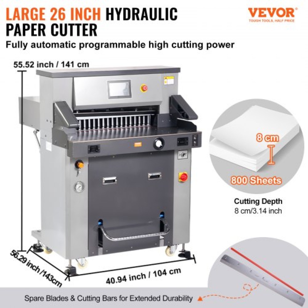VEVOR Electric Hydraulic Paper Cutter 660,4 mm Πλάτος κοπής 80 mm Πάχος 177,8 mm Σίτα