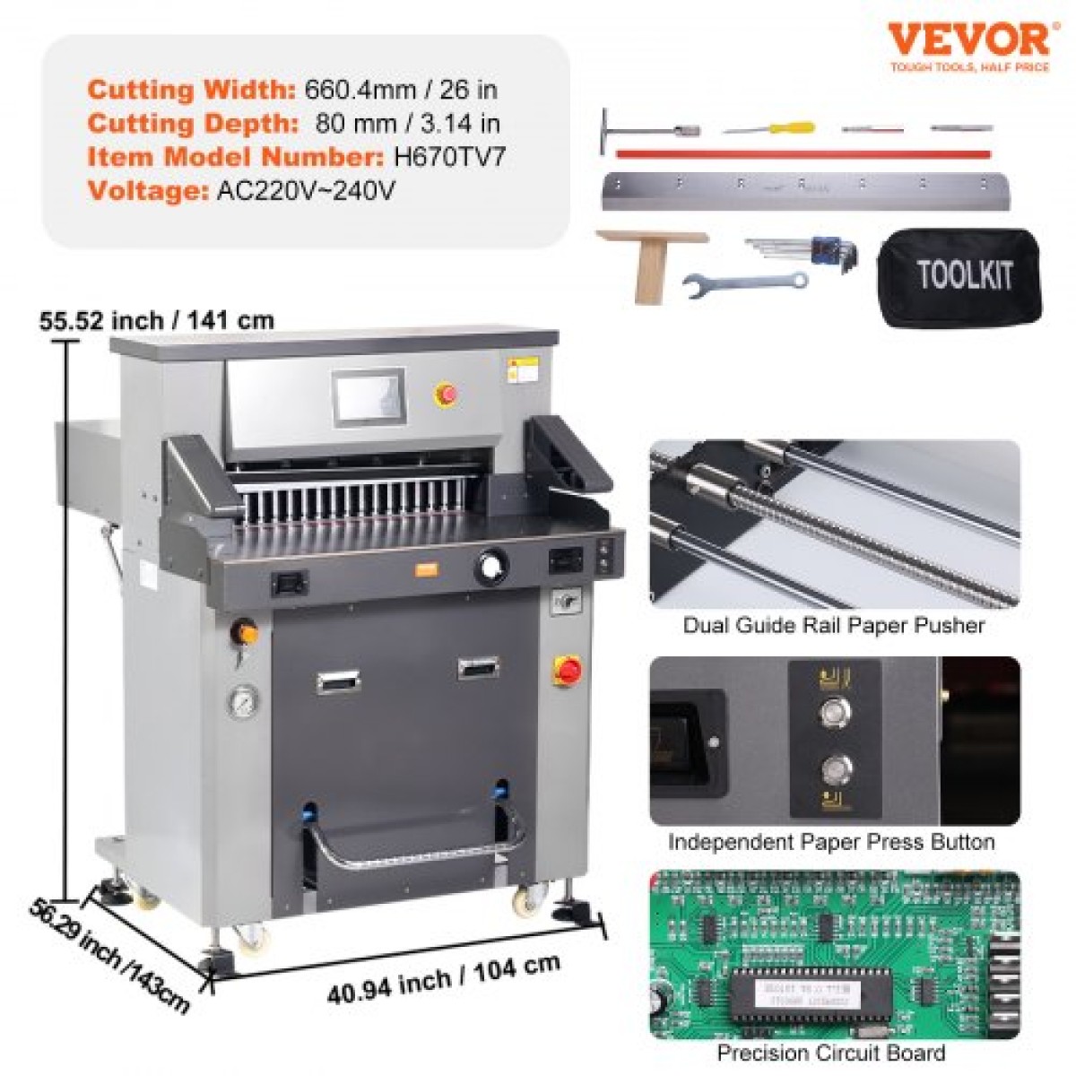 VEVOR Electric Hydraulic Paper Cutter 660,4 mm Πλάτος κοπής 80 mm Πάχος 177,8 mm Σίτα