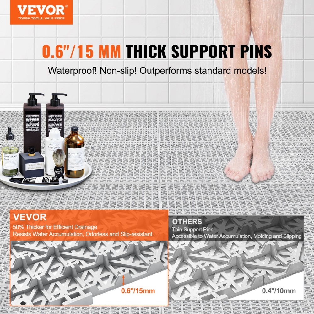 VEVOR Modular Interlocking Cushion, 50 Pack 30 x 30 cm Splicing Drinage Mats, Μαλακό PVC Πλακάκια δαπέδου αποχέτευσης, Αντιολισθητικές οπές αποστράγγισης για τουαλέτα, Μπάνιο, Κουζίνα, Πισίνα, Υγρό Χώρο, Γκρι