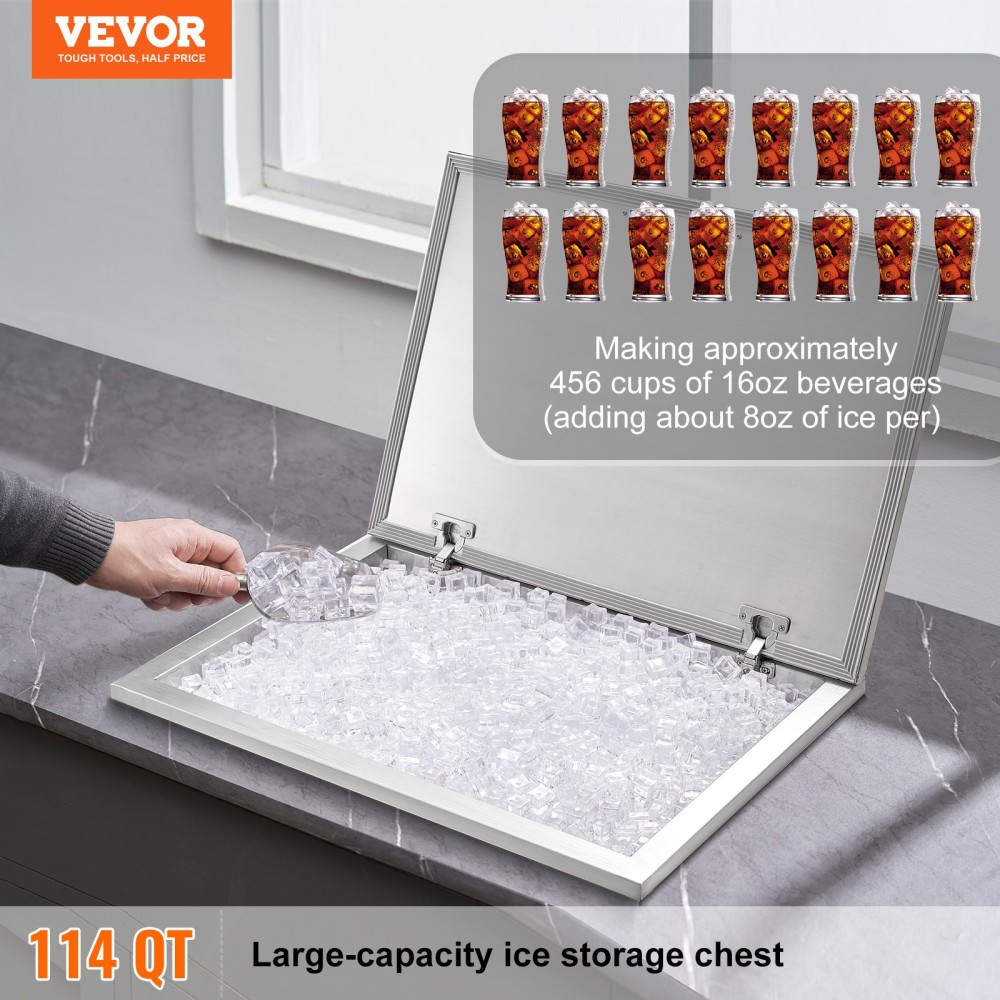 VEVOR Drop in Ice Chest, 28"L x 20"W x 17"H Ψύκτη από ανοξείδωτο ατσάλι, Επαγγελματικός Κάδος Πάγου με Αρθρωτό κάλυμμα, 40 qt εξωτερικής κουζίνας Ice Bar, σωλήνας αποστράγγισης και βύσμα αποστράγγισης, για Cold Wine Beer