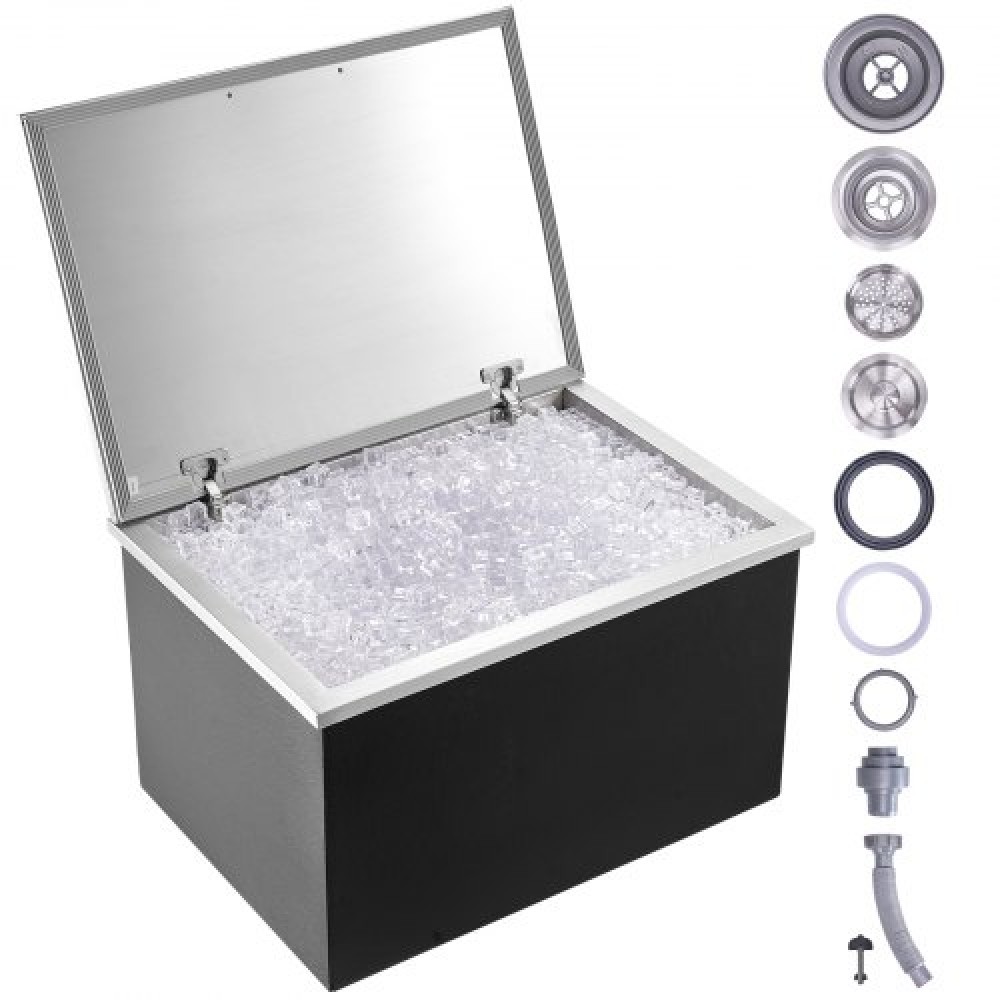 VEVOR Drop in Ice Chest, 28"L x 20"W x 17"H Ψύκτη από ανοξείδωτο ατσάλι, Επαγγελματικός Κάδος Πάγου με Αρθρωτό κάλυμμα, 40 qt εξωτερικής κουζίνας Ice Bar, σωλήνας αποστράγγισης και βύσμα αποστράγγισης, για Cold Wine Beer