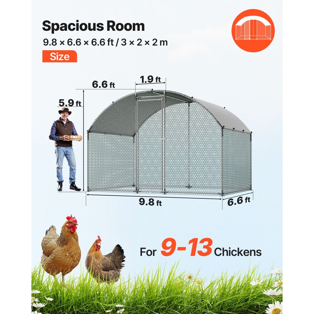 VEVOR Metal Chicken Coop, 9.8x6.5x6.5ft Μεγάλες πίστες κοτόπουλου με κάλυμμα, περίβλημα Doom Roof Hen House με κλειδαριά ασφαλείας, Στυλό πουλερικών για υπαίθριο κλουβί πάπιας για αυλή, φάρμα, αυλή