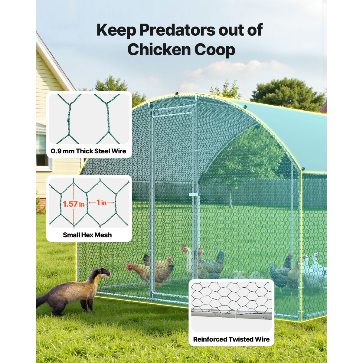 VEVOR Metal Chicken Coop, 9.8x6.5x6.5ft Μεγάλες πίστες κοτόπουλου με κάλυμμα, περίβλημα Doom Roof Hen House με κλειδαριά ασφαλείας, Στυλό πουλερικών για υπαίθριο κλουβί πάπιας για αυλή, φάρμα, αυλή