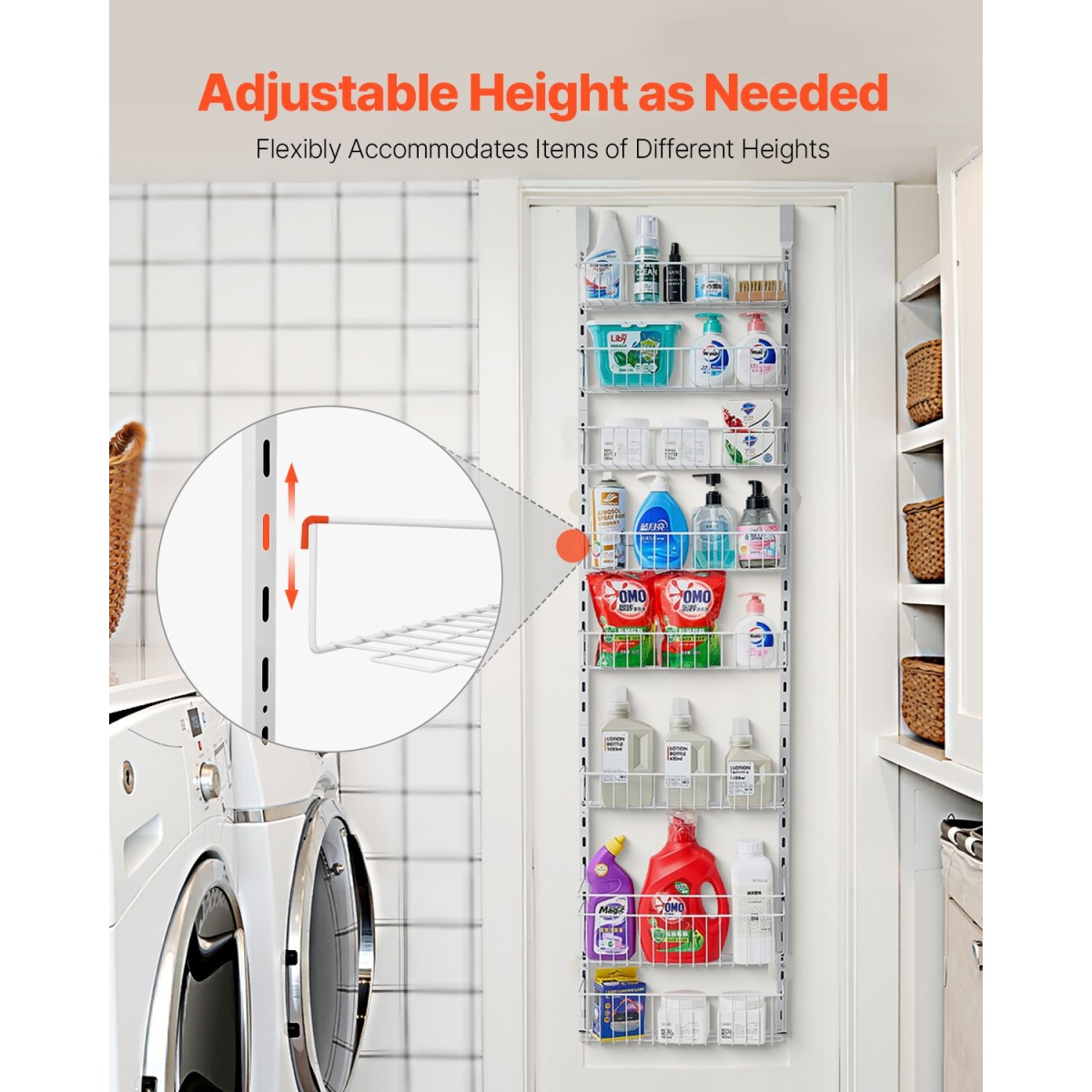 VEVOR Over the Door Pantry Organizer, Οργάνωση και αποθήκευση ντουλαπιών 8 επιπέδων, βαρέως τύπου ατσάλινη κρεμαστή σχάρα μπαχαρικών, ρυθμιζόμενα ράφια τοίχου για καρυκεύματα, για οικιακή κουζίνα μπάνιο πλυντηρίου, λευκό
