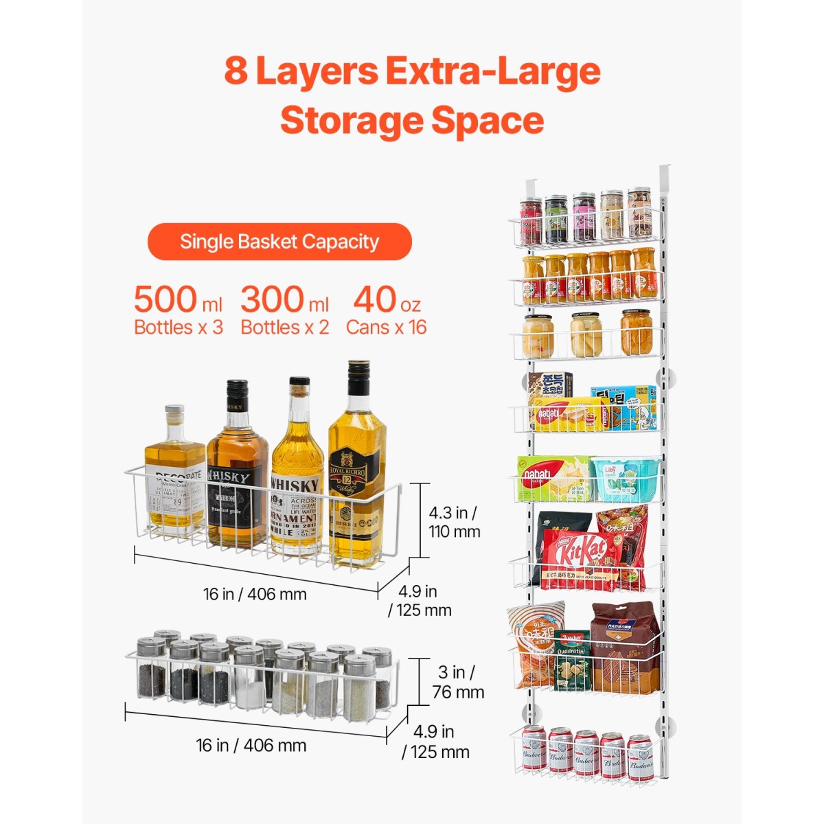 VEVOR Over the Door Pantry Organizer, Οργάνωση και αποθήκευση ντουλαπιών 8 επιπέδων, βαρέως τύπου ατσάλινη κρεμαστή σχάρα μπαχαρικών, ρυθμιζόμενα ράφια τοίχου για καρυκεύματα, για οικιακή κουζίνα μπάνιο πλυντηρίου, λευκό