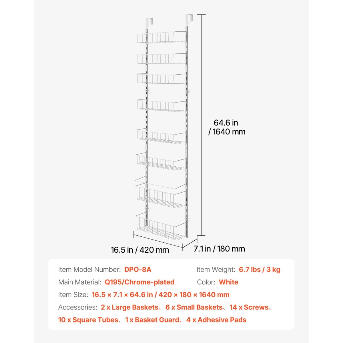 VEVOR Over the Door Pantry Organizer, Οργάνωση και αποθήκευση ντουλαπιών 8 επιπέδων, βαρέως τύπου ατσάλινη κρεμαστή σχάρα μπαχαρικών, ρυθμιζόμενα ράφια τοίχου για καρυκεύματα, για οικιακή κουζίνα μπάνιο πλυντηρίου, λευκό