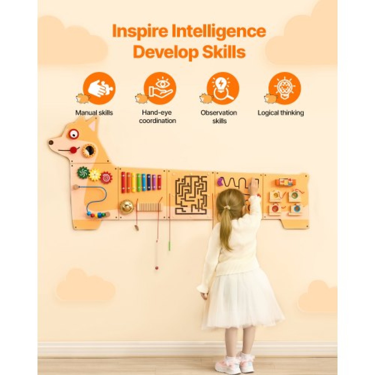 VEVOR Puppy Activity Wall Busy Board Panels, 12 Activities, Montessori Sensory Wall Toy για παιδιά 3-12 ετών, Montessori Learning Activity Center, Ideal for Toddler Playroom Nursroom Classroom