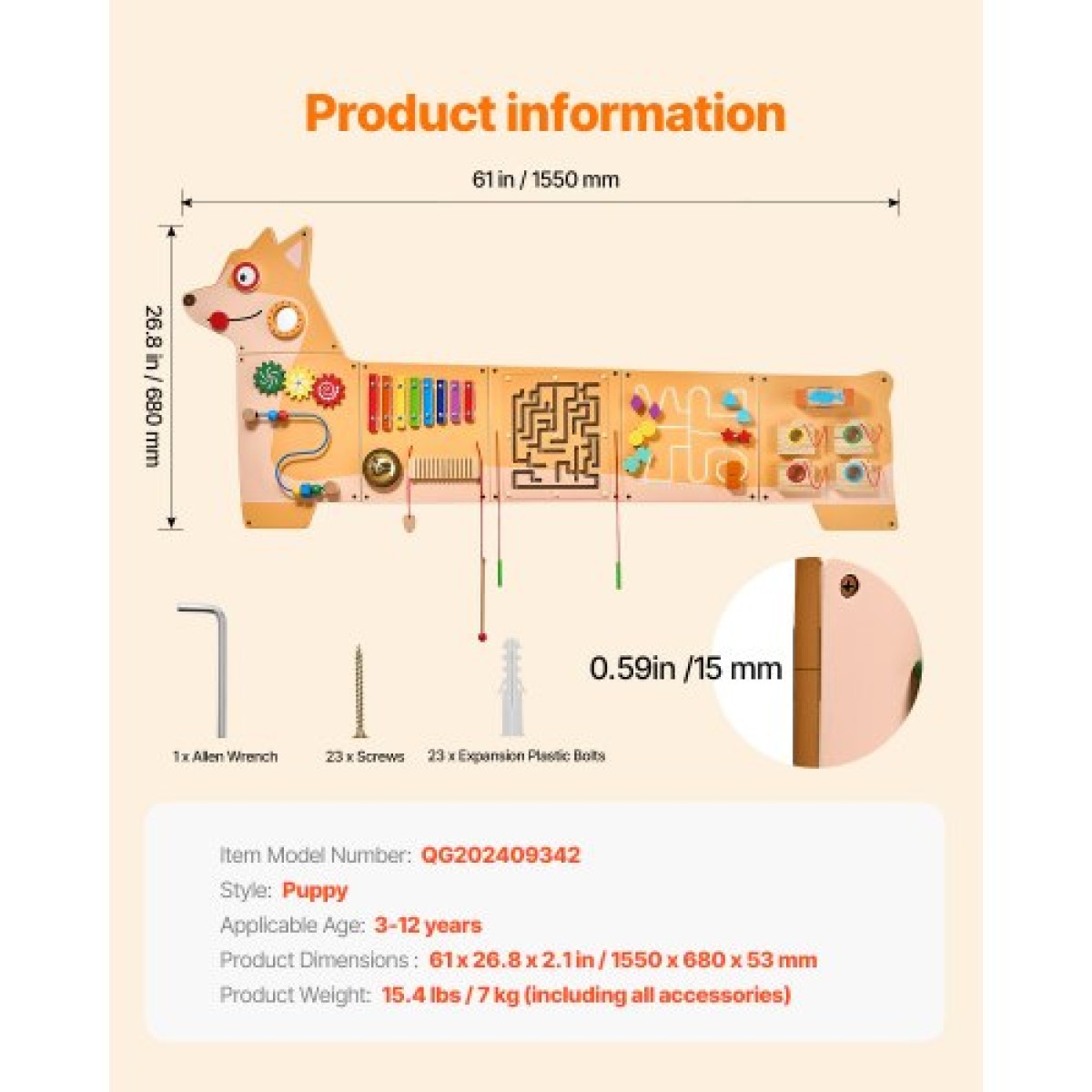 VEVOR Puppy Activity Wall Busy Board Panels, 12 Activities, Montessori Sensory Wall Toy για παιδιά 3-12 ετών, Montessori Learning Activity Center, Ideal for Toddler Playroom Nursroom Classroom