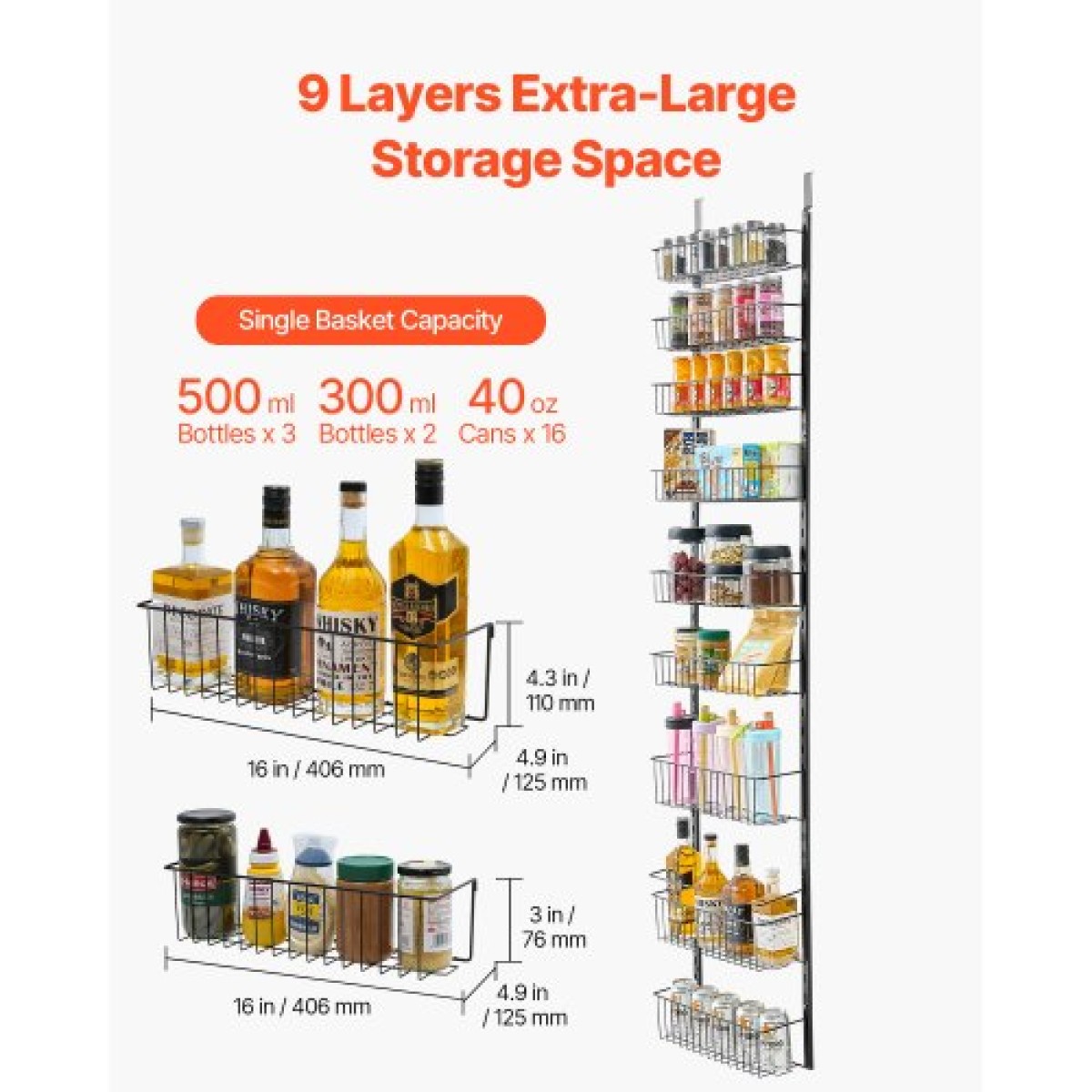 VEVOR Over the Door Pantry Organizer, Οργάνωση και αποθήκευση ντουλαπιών 9 επιπέδων, κρεμαστή σχάρα μπαχαρικών από ατσάλι βαρέως τύπου, ρυθμιζόμενα ράφια μπαχαρικών στον τοίχο, για οικιακή κουζίνα μπάνιο πλυντηρίου, μαύρο