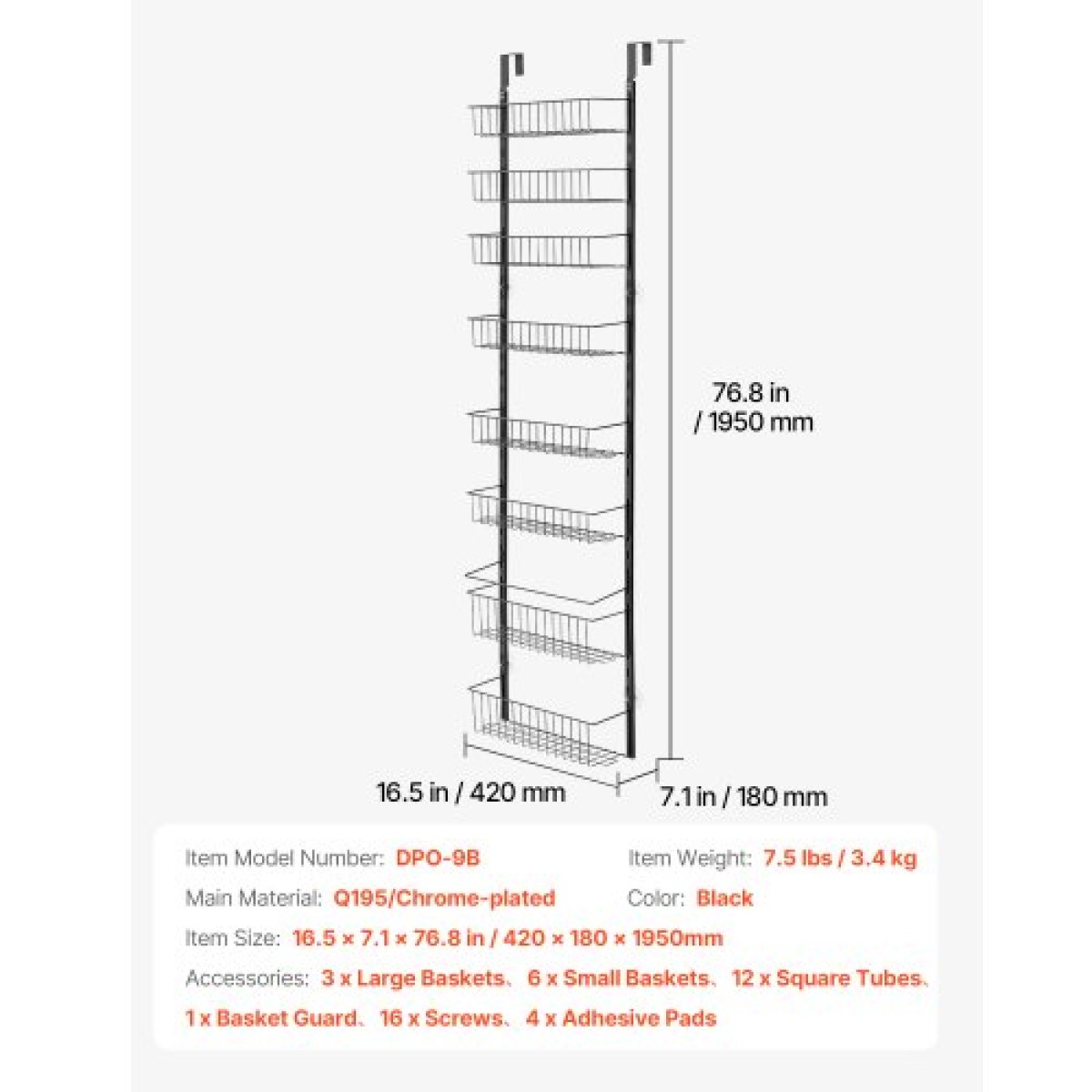 VEVOR Over the Door Pantry Organizer, Οργάνωση και αποθήκευση ντουλαπιών 9 επιπέδων, κρεμαστή σχάρα μπαχαρικών από ατσάλι βαρέως τύπου, ρυθμιζόμενα ράφια μπαχαρικών στον τοίχο, για οικιακή κουζίνα μπάνιο πλυντηρίου, μαύρο