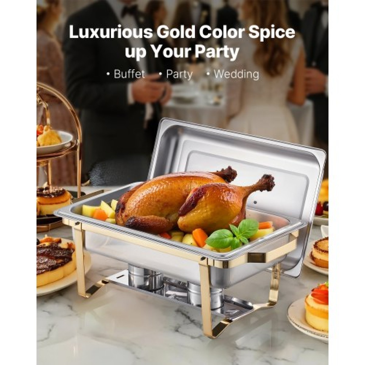 VEVOR Chafing Dish Dish Buffet Set, 8 Qt 4 Pack, Chafer από ανοξείδωτο ατσάλι με 2 πλήρους μεγέθους και 4 τηγάνια μισού μεγέθους, Rectangle Catering Warmer Server με καπάκι Water Pan Stand, για πάρτι γάμου Δείπνα, χρυσό