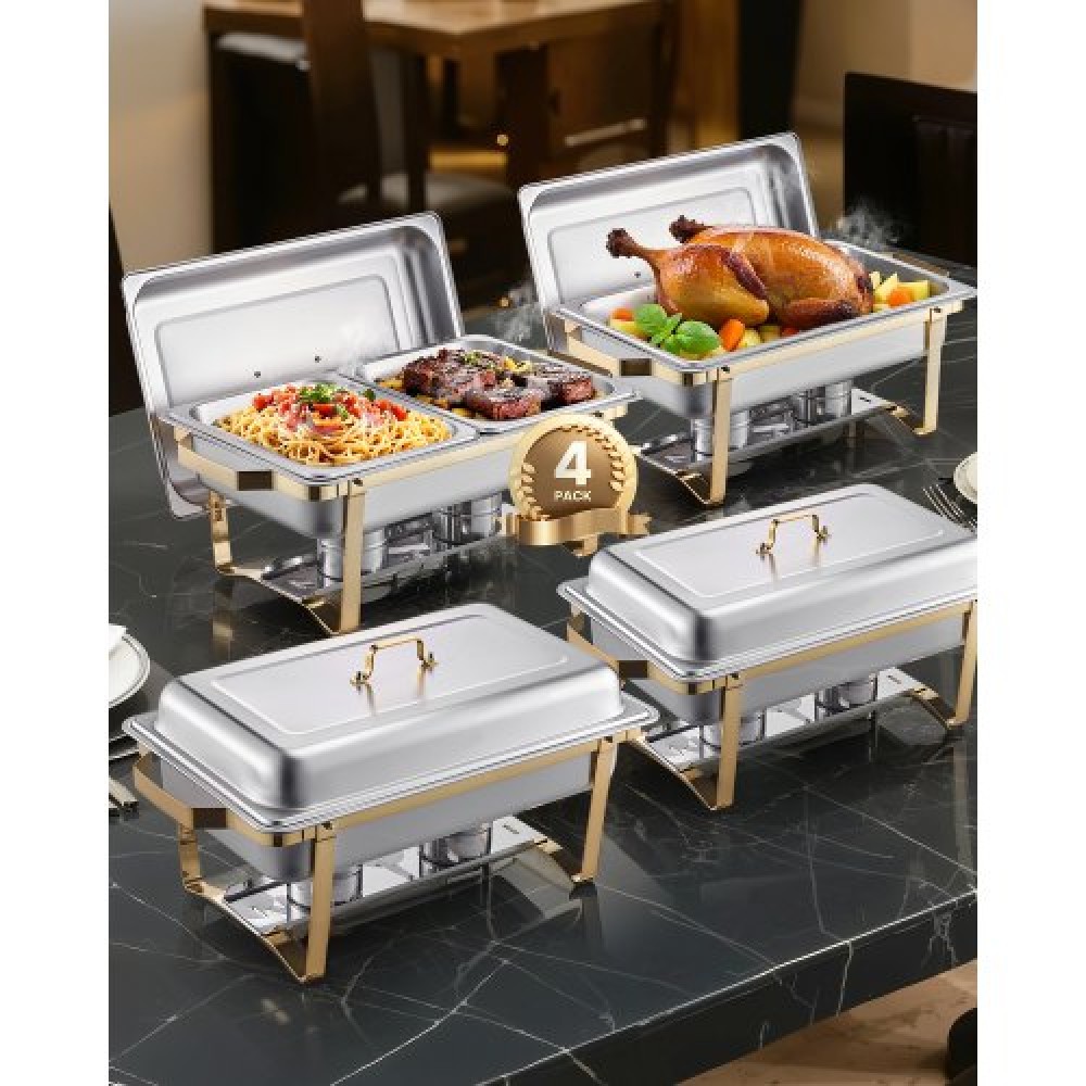 VEVOR Chafing Dish Dish Buffet Set, 8 Qt 4 Pack, Chafer από ανοξείδωτο ατσάλι με 2 πλήρους μεγέθους και 4 τηγάνια μισού μεγέθους, Rectangle Catering Warmer Server με καπάκι Water Pan Stand, για πάρτι γάμου Δείπνα, χρυσό
