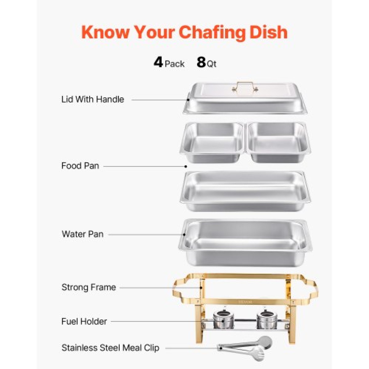 VEVOR Chafing Dish Dish Buffet Set, 8 Qt 4 Pack, Chafer από ανοξείδωτο ατσάλι με 2 πλήρους μεγέθους και 4 τηγάνια μισού μεγέθους, Rectangle Catering Warmer Server με καπάκι Water Pan Stand, για πάρτι γάμου Δείπνα, χρυσό