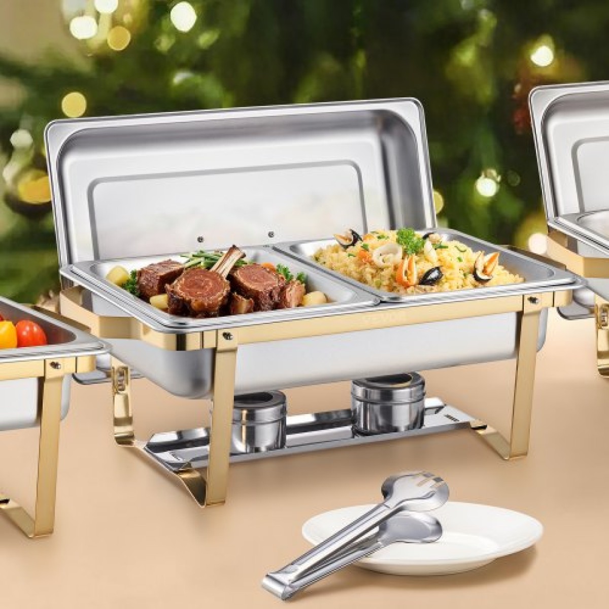 VEVOR Chafing Dish Dish Buffet Set, 8 Qt 4 Pack, Chafer από ανοξείδωτο ατσάλι με 2 πλήρους μεγέθους και 4 τηγάνια μισού μεγέθους, Rectangle Catering Warmer Server με καπάκι Water Pan Stand, για πάρτι γάμου Δείπνα, χρυσό