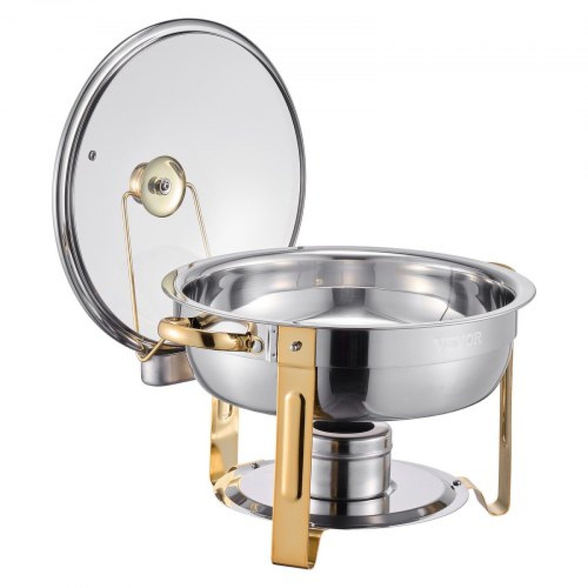 VEVOR Chafing Dish Dish Buffet Set, 5 Qt 4 Pack, Chafer από ανοξείδωτο ατσάλι με 4 πλήρους μεγέθους τηγάνι, στρογγυλός θερμός διακομιστής Catering με γυάλινο καπάκι Πτυσσόμενη βάση καυσίμου, για δεξίωση γάμου, χρυσό
