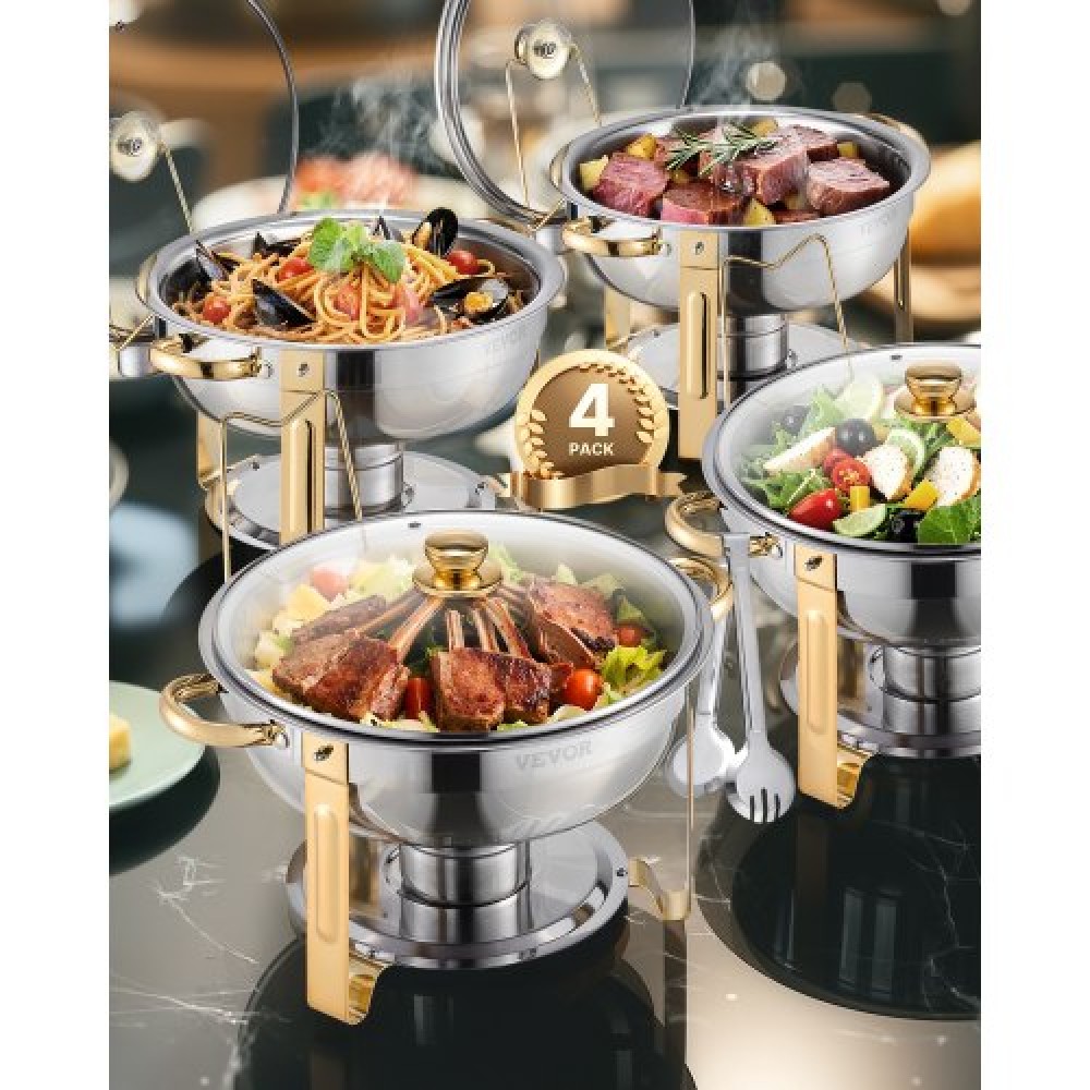VEVOR Chafing Dish Dish Buffet Set, 5 Qt 4 Pack, Chafer από ανοξείδωτο ατσάλι με 4 πλήρους μεγέθους τηγάνι, στρογγυλός θερμός διακομιστής Catering με γυάλινο καπάκι Πτυσσόμενη βάση καυσίμου, για δεξίωση γάμου, χρυσό