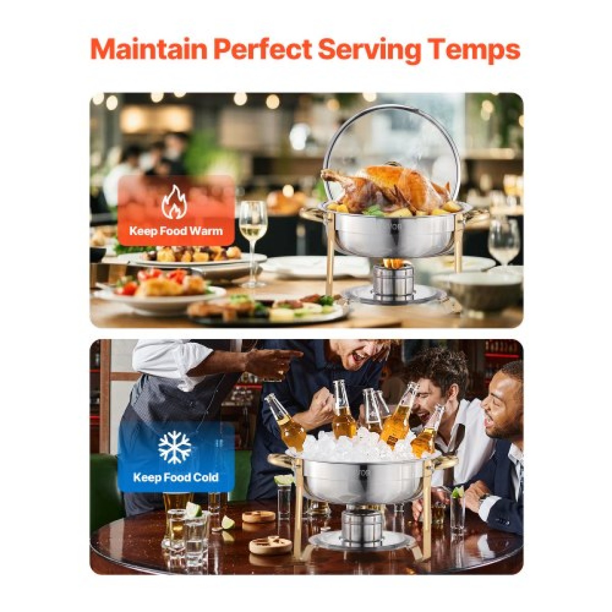 VEVOR Chafing Dish Dish Buffet Set, 5 Qt 4 Pack, Chafer από ανοξείδωτο ατσάλι με 4 πλήρους μεγέθους τηγάνι, στρογγυλός θερμός διακομιστής Catering με γυάλινο καπάκι Πτυσσόμενη βάση καυσίμου, για δεξίωση γάμου, χρυσό