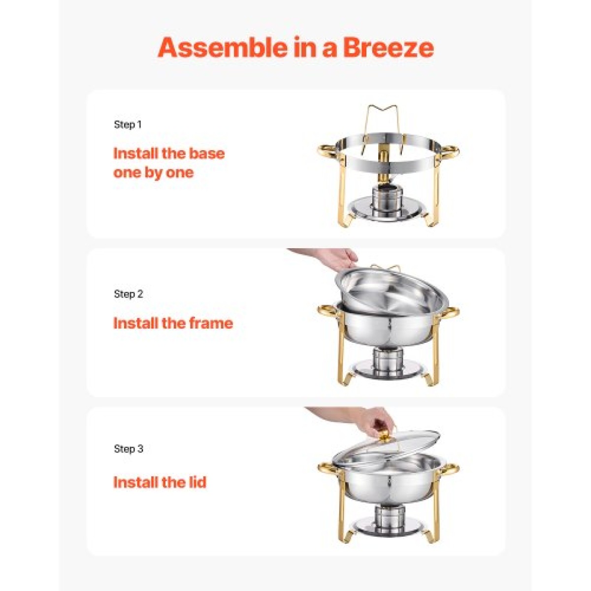 VEVOR Chafing Dish Dish Buffet Set, 5 Qt 4 Pack, Chafer από ανοξείδωτο ατσάλι με 4 πλήρους μεγέθους τηγάνι, στρογγυλός θερμός διακομιστής Catering με γυάλινο καπάκι Πτυσσόμενη βάση καυσίμου, για δεξίωση γάμου, χρυσό