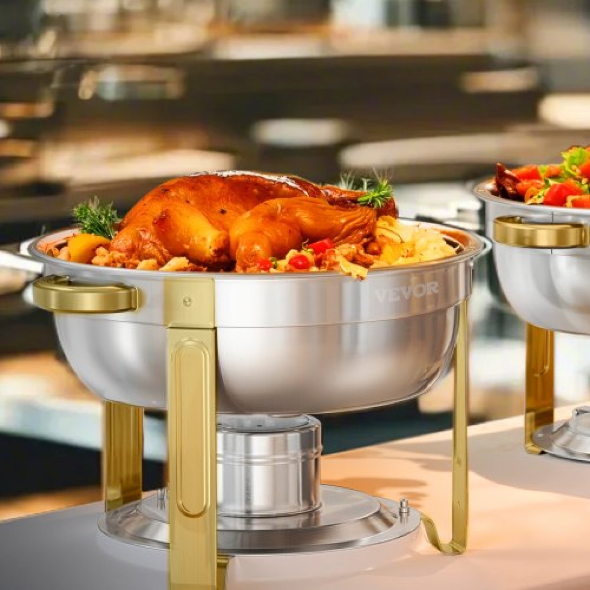 VEVOR Chafing Dish Dish Buffet Set, 5 Qt 4 Pack, Chafer από ανοξείδωτο ατσάλι με 4 πλήρους μεγέθους τηγάνι, στρογγυλός θερμός διακομιστής Catering με γυάλινο καπάκι Πτυσσόμενη βάση καυσίμου, για δεξίωση γάμου, χρυσό
