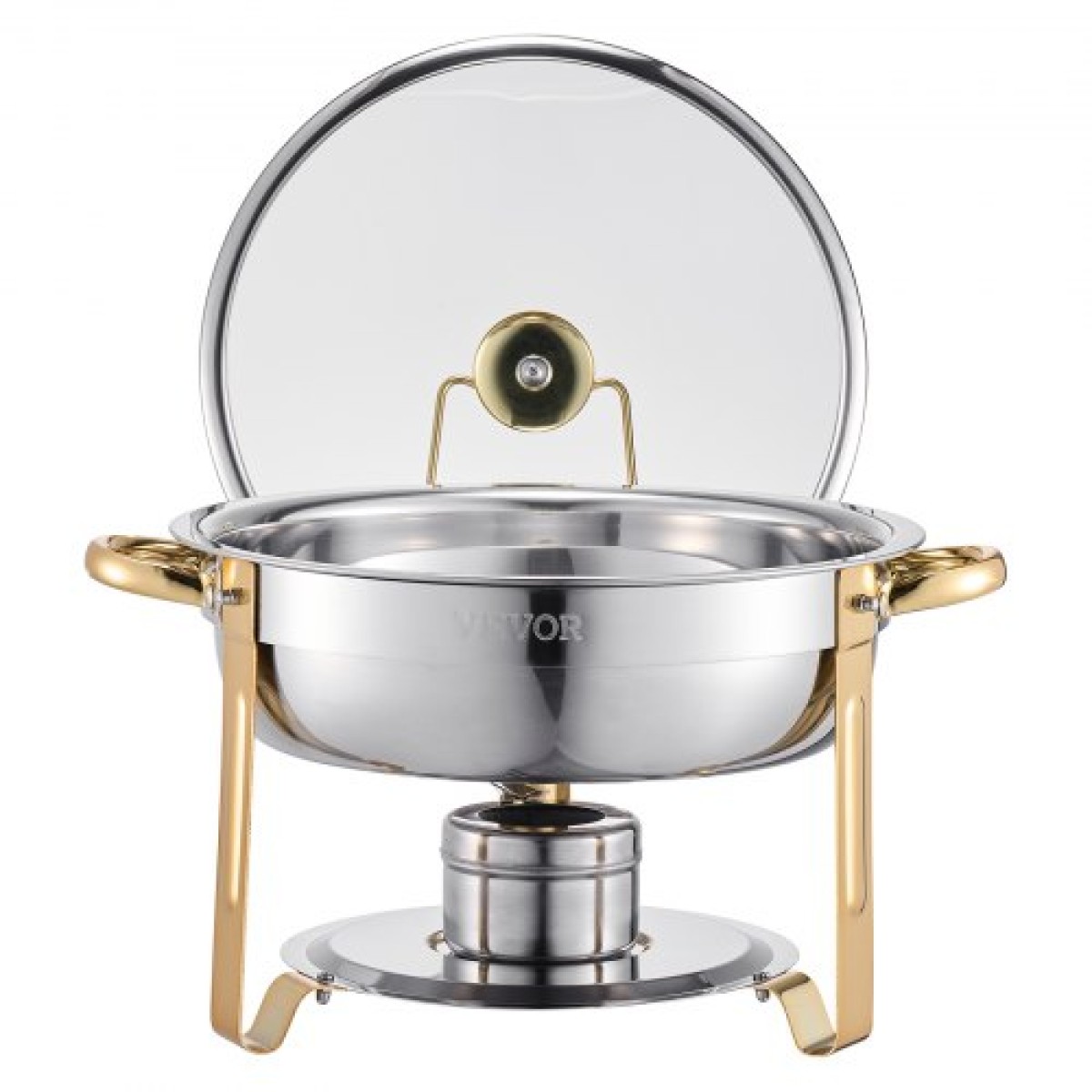 VEVOR Chafing Dish Dish Buffet Set, 5 Qt 4 Pack, Chafer από ανοξείδωτο ατσάλι με 4 πλήρους μεγέθους τηγάνι, στρογγυλός θερμός διακομιστής Catering με γυάλινο καπάκι Πτυσσόμενη βάση καυσίμου, για δεξίωση γάμου, χρυσό