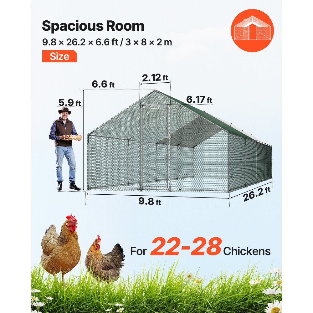 VEVOR Large Metal Chicken Coop, 3 x 8 x 2 m, Walk-in Chicken Run με αδιάβροχο κάλυμμα, Spire Roof Hen House περίφραξη με κλειδαριά, Outdoor Duck Rabbit Cage Στυλό πουλερικών για πίσω αυλή, φάρμα, χρήση στην αυλή