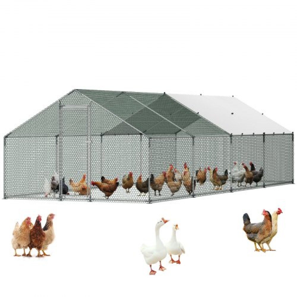 VEVOR Metal Chicken Coop, 9.8x26.2x6.5 ft Large Walk-in Chicken Runs with Cover, Spire Roof Hen House Enclosure with Security Lock, Outdoor Duck Rabbit Cage Poultry Pen for Backyard, Farm, Yard