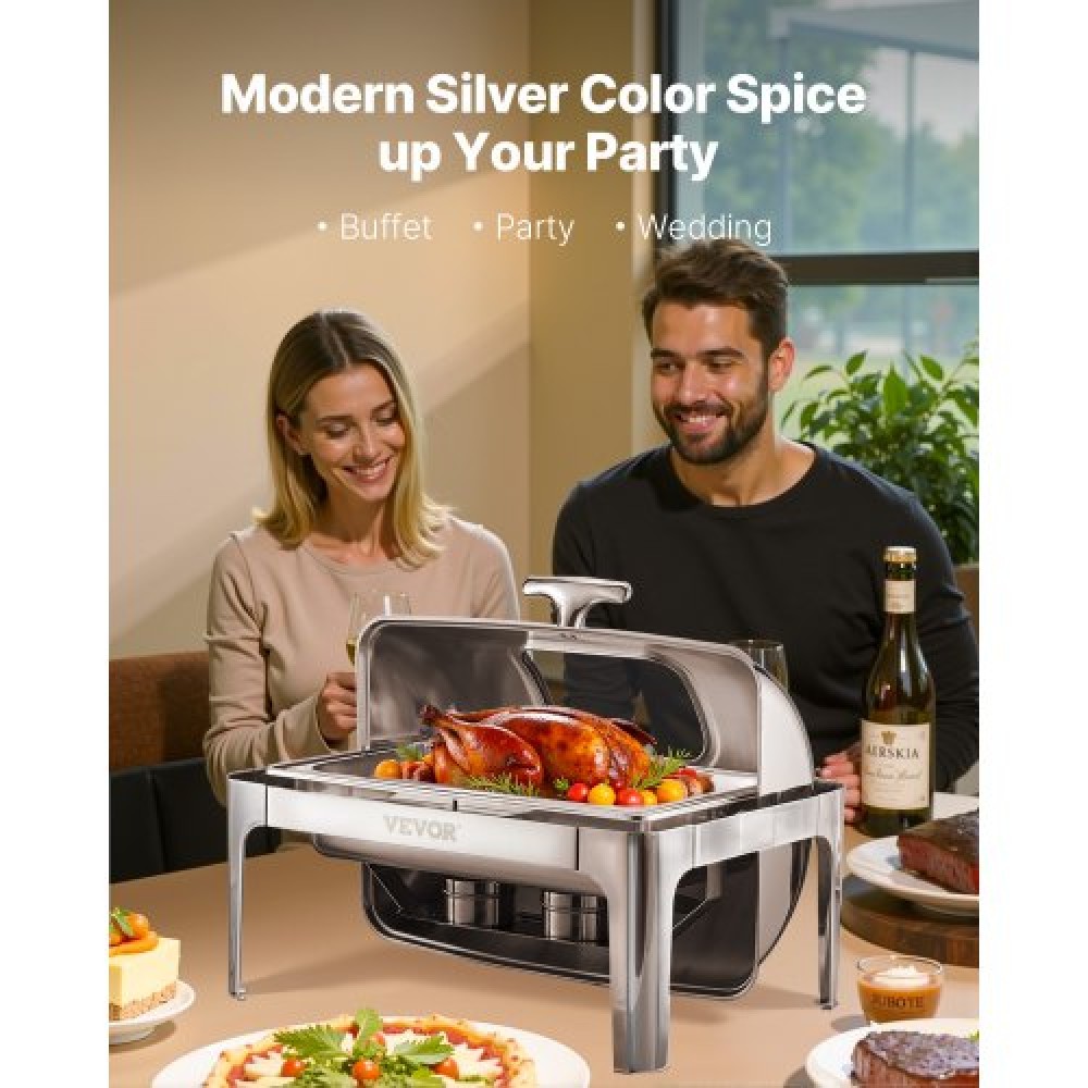 VEVOR Roll Top Chafing Dish Buffet Set, 9 Qt 1 Pack Chafer από ανοξείδωτο ατσάλι με 2 τηγάνια μισού μεγέθους, Ορθογώνιος θερμαντήρας Catering με ορατό καπάκι Πτυσσόμενη βάση καυσίμου, ασημί