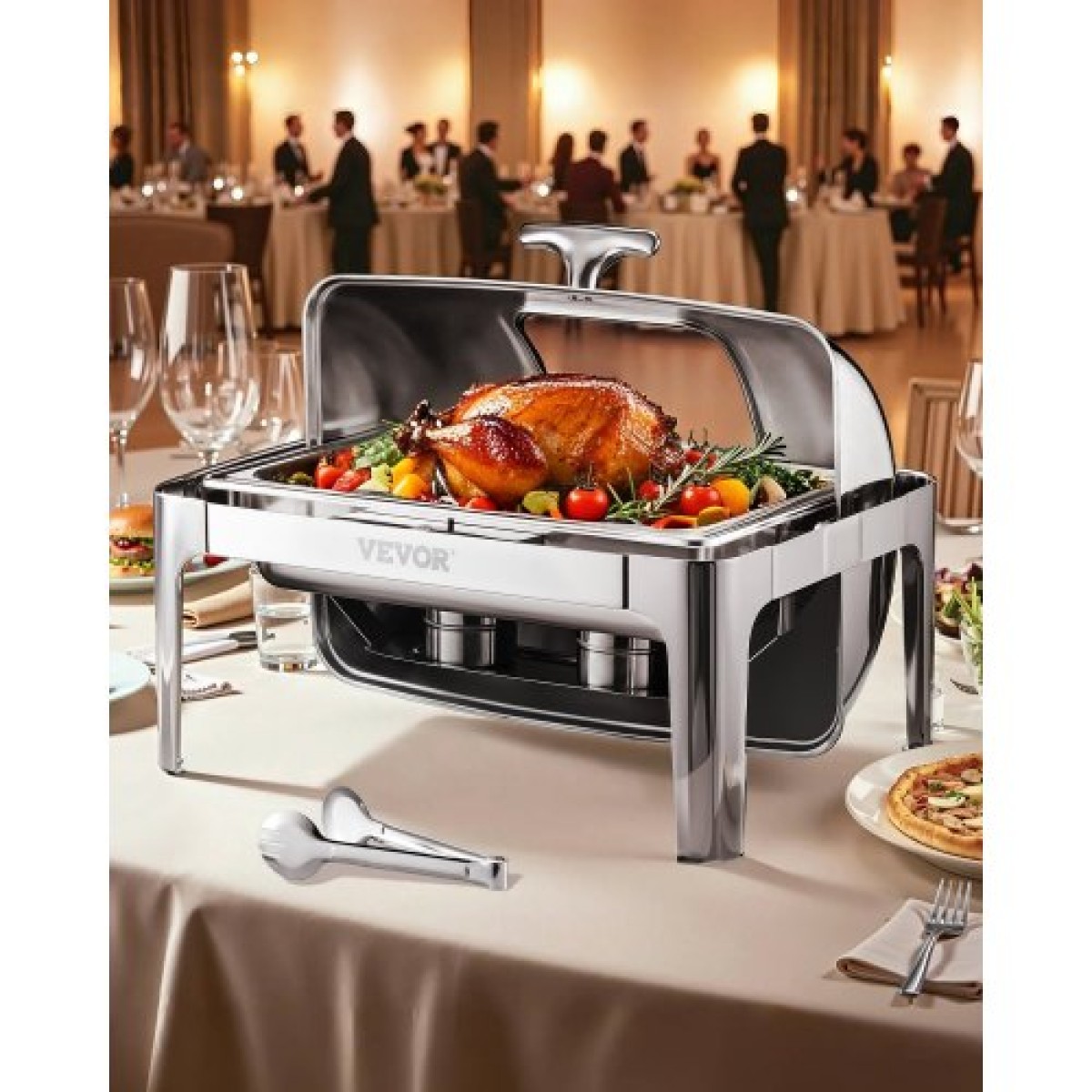 VEVOR Roll Top Chafing Dish Buffet Set, 9 Qt 1 Pack Chafer από ανοξείδωτο ατσάλι με 2 τηγάνια μισού μεγέθους, Ορθογώνιος θερμαντήρας Catering με ορατό καπάκι Πτυσσόμενη βάση καυσίμου, ασημί