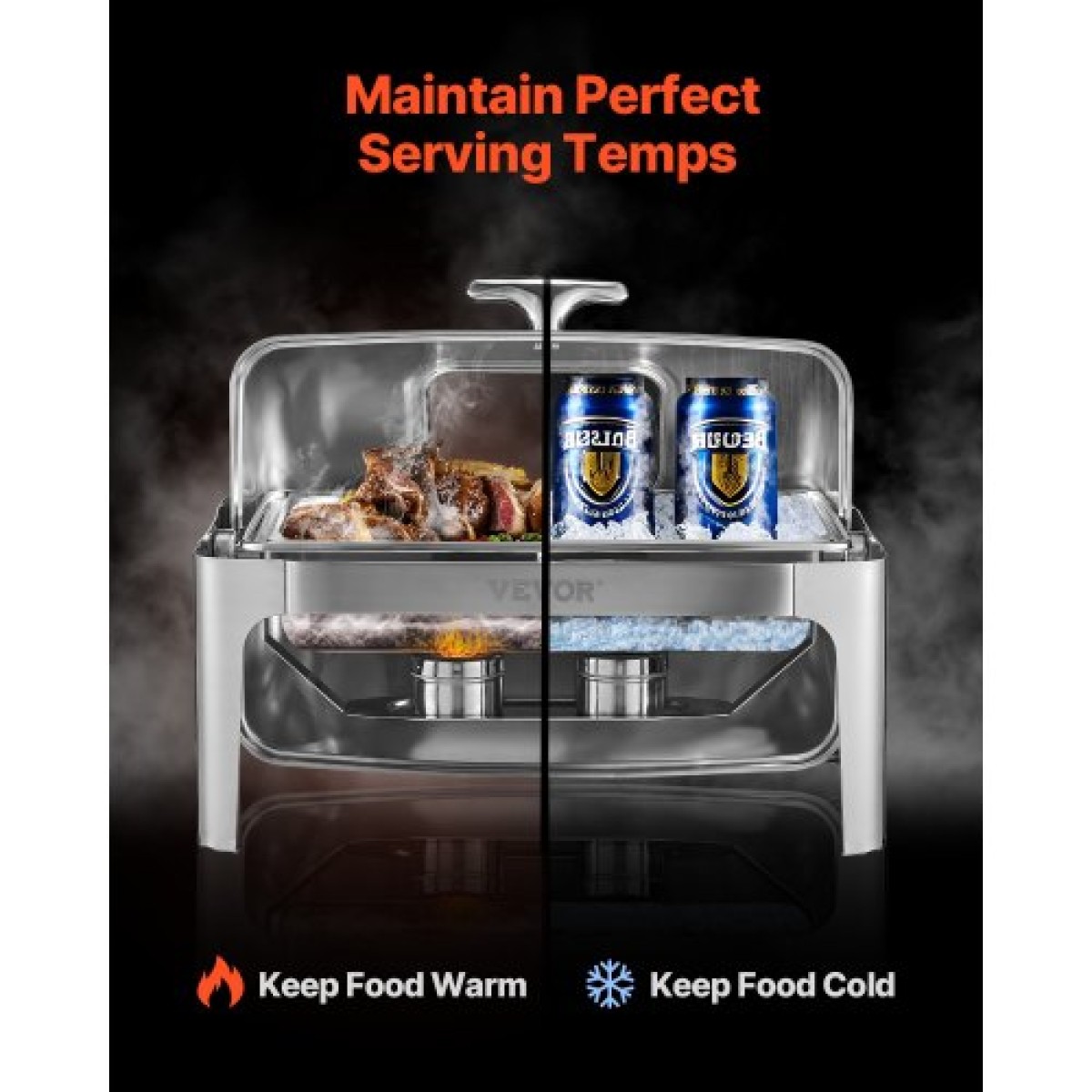 VEVOR Roll Top Chafing Dish Buffet Set, 9 Qt 1 Pack Chafer από ανοξείδωτο ατσάλι με 2 τηγάνια μισού μεγέθους, Ορθογώνιος θερμαντήρας Catering με ορατό καπάκι Πτυσσόμενη βάση καυσίμου, ασημί