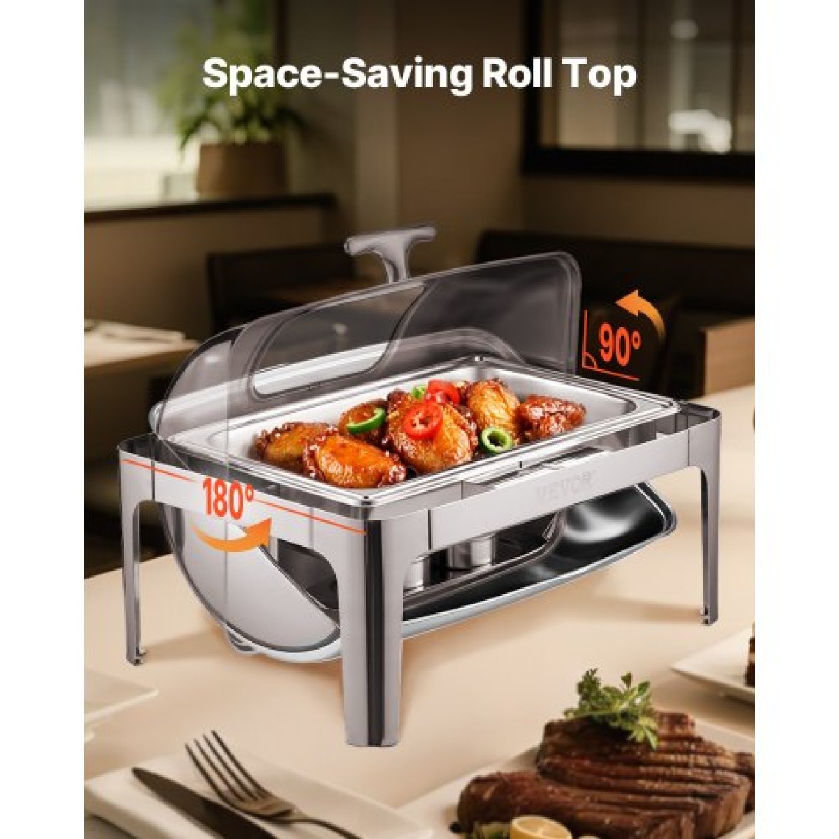 VEVOR Roll Top Chafing Dish Buffet Set, 9 Qt 1 Pack Chafer από ανοξείδωτο ατσάλι με 2 τηγάνια μισού μεγέθους, Ορθογώνιος θερμαντήρας Catering με ορατό καπάκι Πτυσσόμενη βάση καυσίμου, ασημί