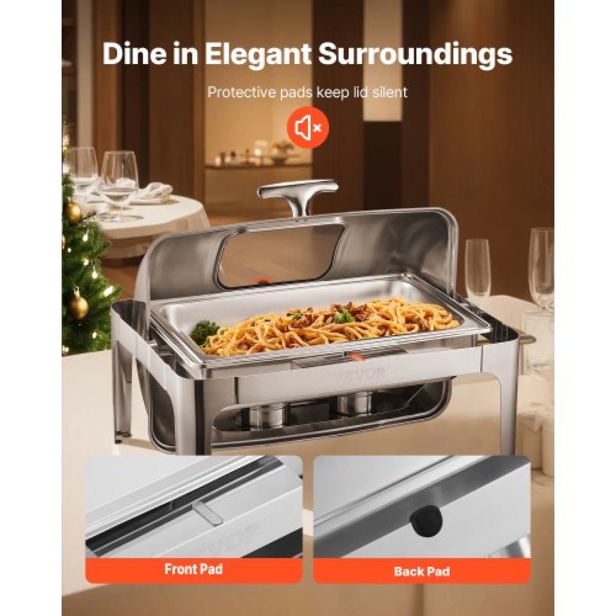 VEVOR Roll Top Chafing Dish Buffet Set, 9 Qt 1 Pack Chafer από ανοξείδωτο ατσάλι με 2 τηγάνια μισού μεγέθους, Ορθογώνιος θερμαντήρας Catering με ορατό καπάκι Πτυσσόμενη βάση καυσίμου, ασημί