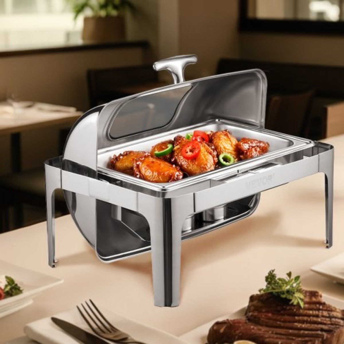 VEVOR Roll Top Chafing Dish Buffet Set, 9 Qt 1 Pack Chafer από ανοξείδωτο ατσάλι με 2 τηγάνια μισού μεγέθους, Ορθογώνιος θερμαντήρας Catering με ορατό καπάκι Πτυσσόμενη βάση καυσίμου, ασημί