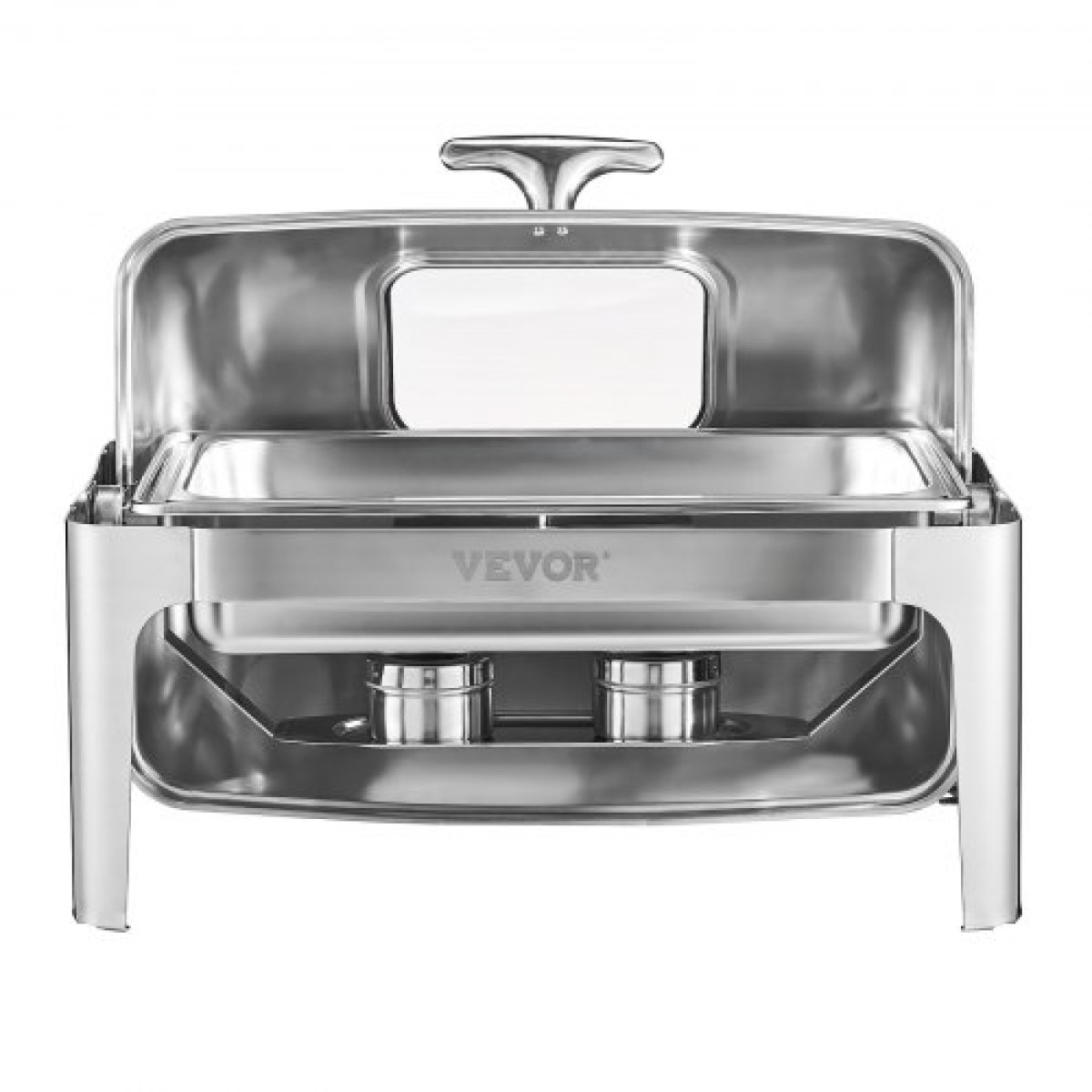 VEVOR Roll Top Chafing Dish Buffet Set, 9 Qt 1 Pack Chafer από ανοξείδωτο ατσάλι με 2 τηγάνια μισού μεγέθους, Ορθογώνιος θερμαντήρας Catering με ορατό καπάκι Πτυσσόμενη βάση καυσίμου, ασημί