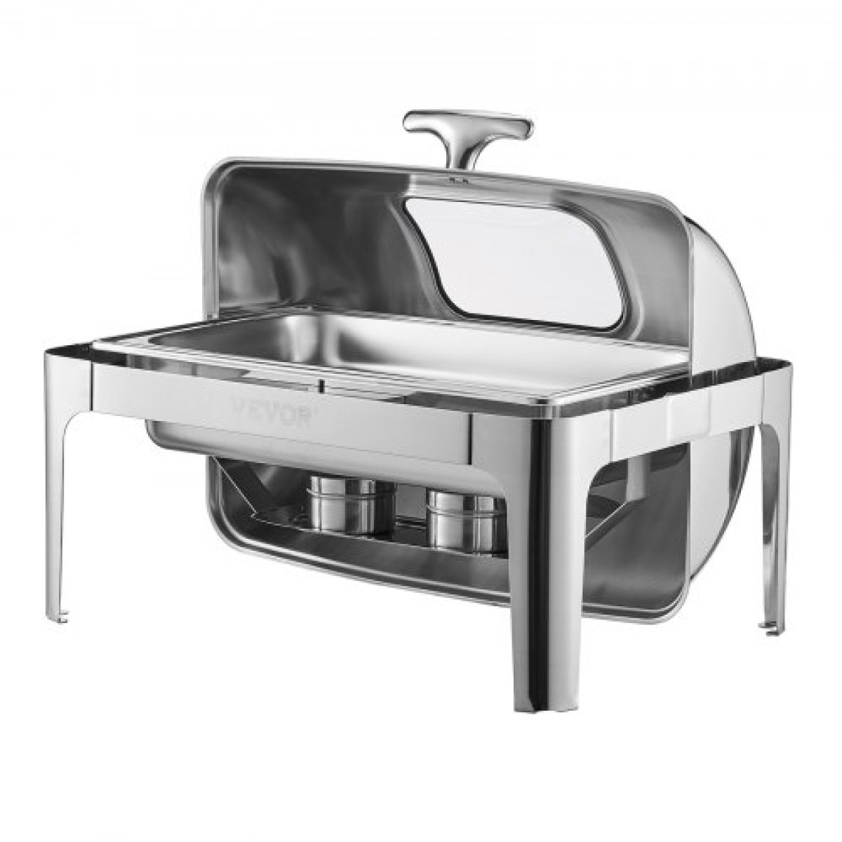 VEVOR Roll Top Chafing Dish Buffet Set, 9 Qt 1 Pack Chafer από ανοξείδωτο ατσάλι με 2 τηγάνια μισού μεγέθους, Ορθογώνιος θερμαντήρας Catering με ορατό καπάκι Πτυσσόμενη βάση καυσίμου, ασημί