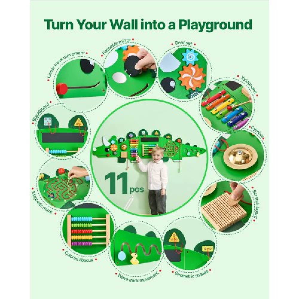 VEVOR Dinosaur Activity Wall Busy Board Panels, 11 Activities, Montessori Sensory Wall Toy για παιδιά 3-12 ετών, Montessori Learning Activity Center, Ideal for Toddler Playroom Nursroom Classroom