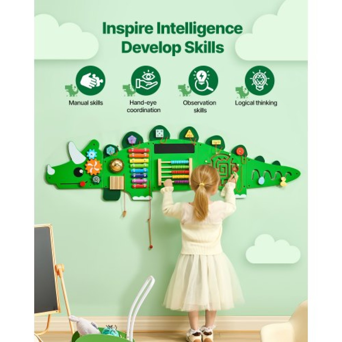 VEVOR Dinosaur Activity Wall Busy Board Panels, 11 Activities, Montessori Sensory Wall Toy για παιδιά 3-12 ετών, Montessori Learning Activity Center, Ideal for Toddler Playroom Nursroom Classroom
