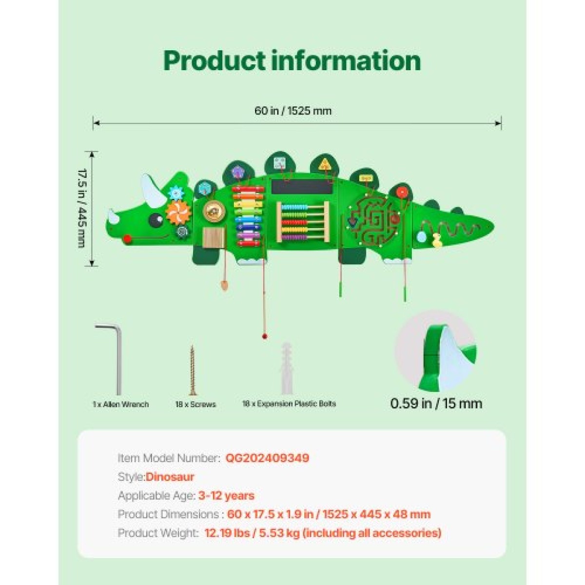 VEVOR Dinosaur Activity Wall Busy Board Panels, 11 Activities, Montessori Sensory Wall Toy για παιδιά 3-12 ετών, Montessori Learning Activity Center, Ideal for Toddler Playroom Nursroom Classroom