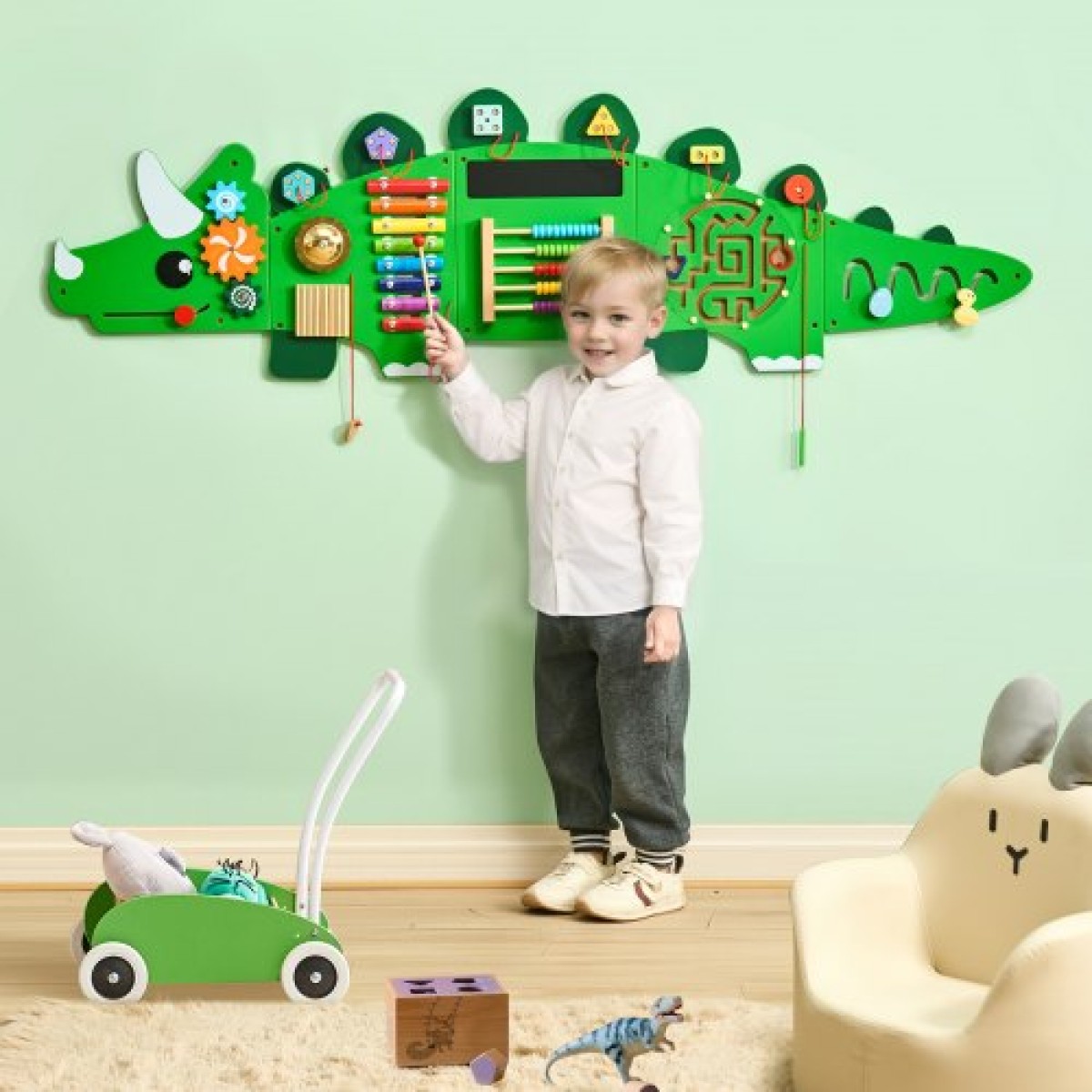VEVOR Dinosaur Activity Wall Busy Board Panels, 11 Activities, Montessori Sensory Wall Toy για παιδιά 3-12 ετών, Montessori Learning Activity Center, Ideal for Toddler Playroom Nursroom Classroom