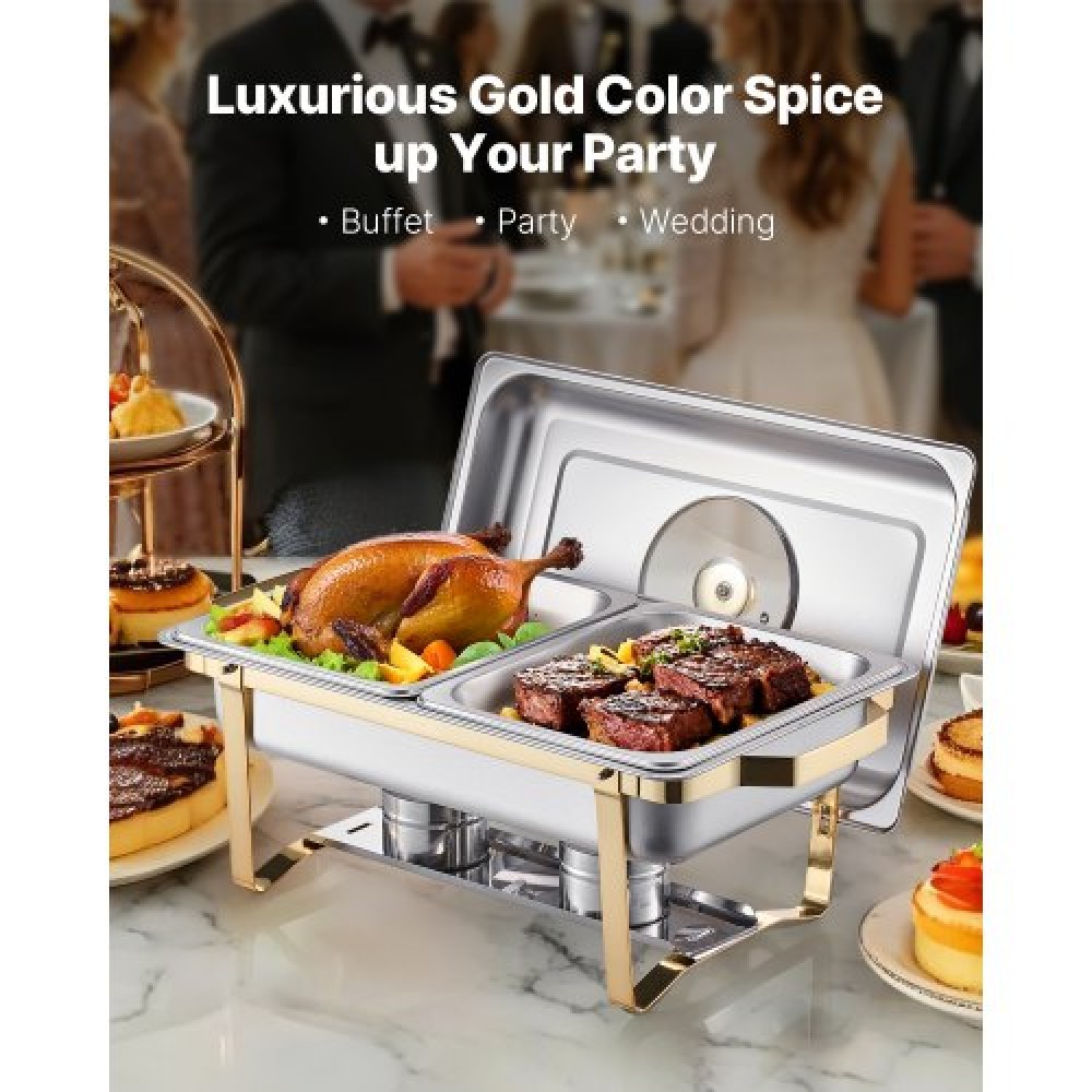 VEVOR Chafing Dish Dish Buffet Set, 4 Qt 2 Pack, Chafer από ανοξείδωτο ατσάλι με 4 τηγάνια μισού μεγέθους, Ορθογώνιος διακομιστής Catering Warmer με γυάλινο καπάκι Πτυσσόμενη βάση καυσίμου, για δείπνο γάμου