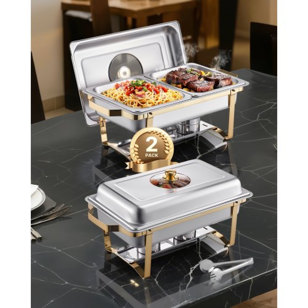 VEVOR Chafing Dish Dish Buffet Set, 4 Qt 2 Pack, Chafer από ανοξείδωτο ατσάλι με 4 τηγάνια μισού μεγέθους, Ορθογώνιος διακομιστής Catering Warmer με γυάλινο καπάκι Πτυσσόμενη βάση καυσίμου, για δείπνο γάμου