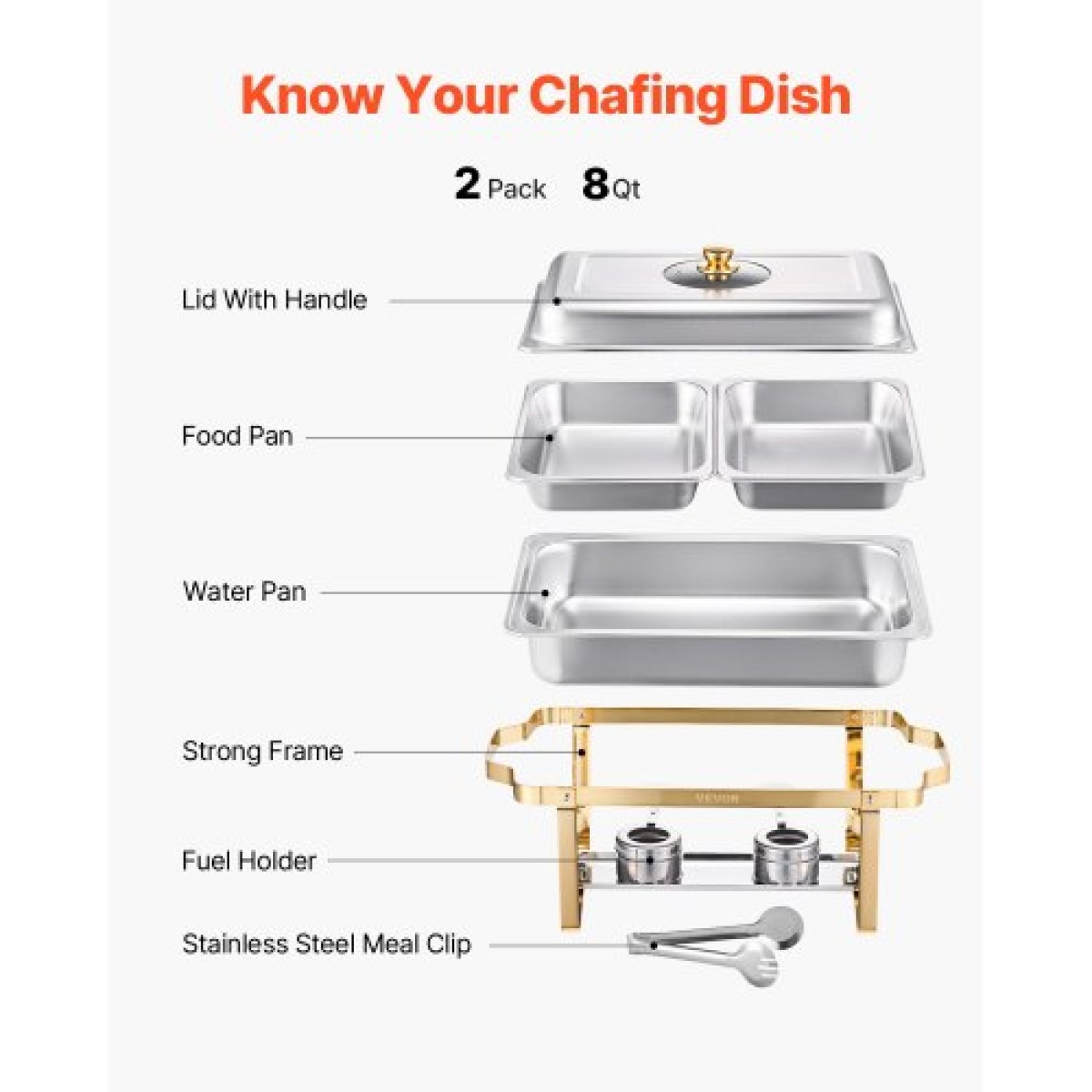 VEVOR Chafing Dish Dish Buffet Set, 4 Qt 2 Pack, Chafer από ανοξείδωτο ατσάλι με 4 τηγάνια μισού μεγέθους, Ορθογώνιος διακομιστής Catering Warmer με γυάλινο καπάκι Πτυσσόμενη βάση καυσίμου, για δείπνο γάμου