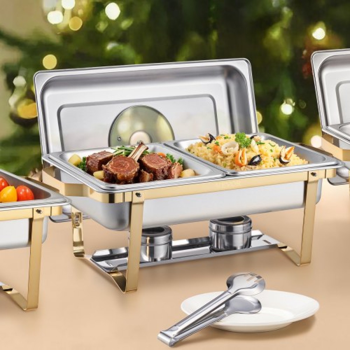 VEVOR Chafing Dish Dish Buffet Set, 4 Qt 2 Pack, Chafer από ανοξείδωτο ατσάλι με 4 τηγάνια μισού μεγέθους, Ορθογώνιος διακομιστής Catering Warmer με γυάλινο καπάκι Πτυσσόμενη βάση καυσίμου, για δείπνο γάμου