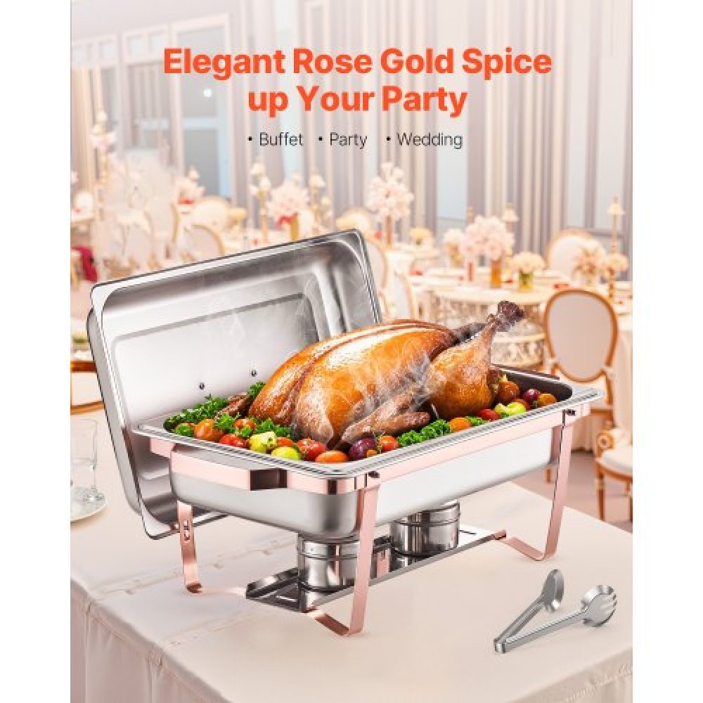 VEVOR Chafing Dish Dish Buffet Set, 8 Qt 2 Pack, Chafer από ανοξείδωτο ατσάλι με 2 τηγάνια πλήρους μεγέθους, Ορθογώνιος διακομιστής Catering Warmer με καπάκι Water Pan Stand Θήκη καυσίμου, για Δείπνο Γάμου, Ροζ χρυσό